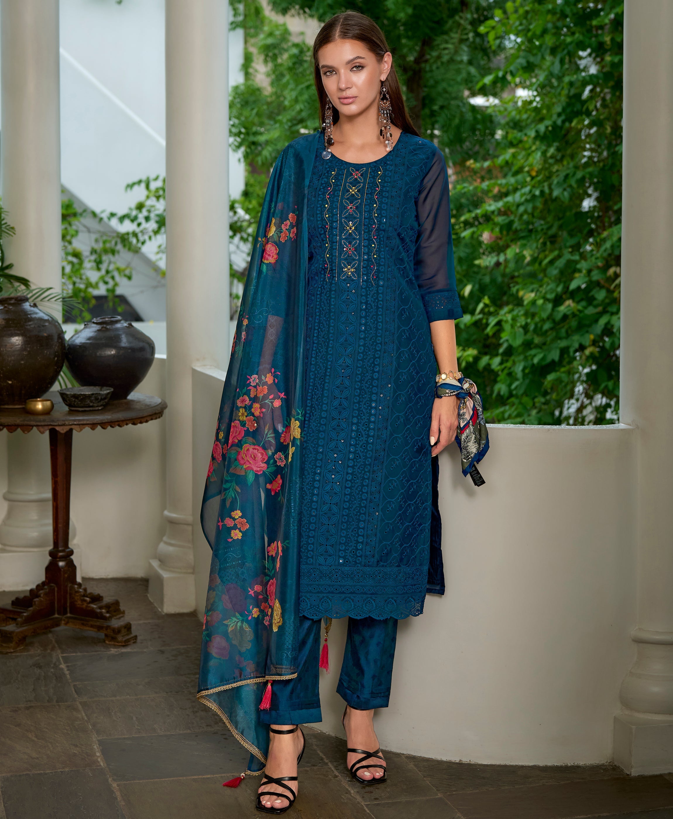 Teal Blue Organza Bored Schiffli Embroidered Straight Kurta Set